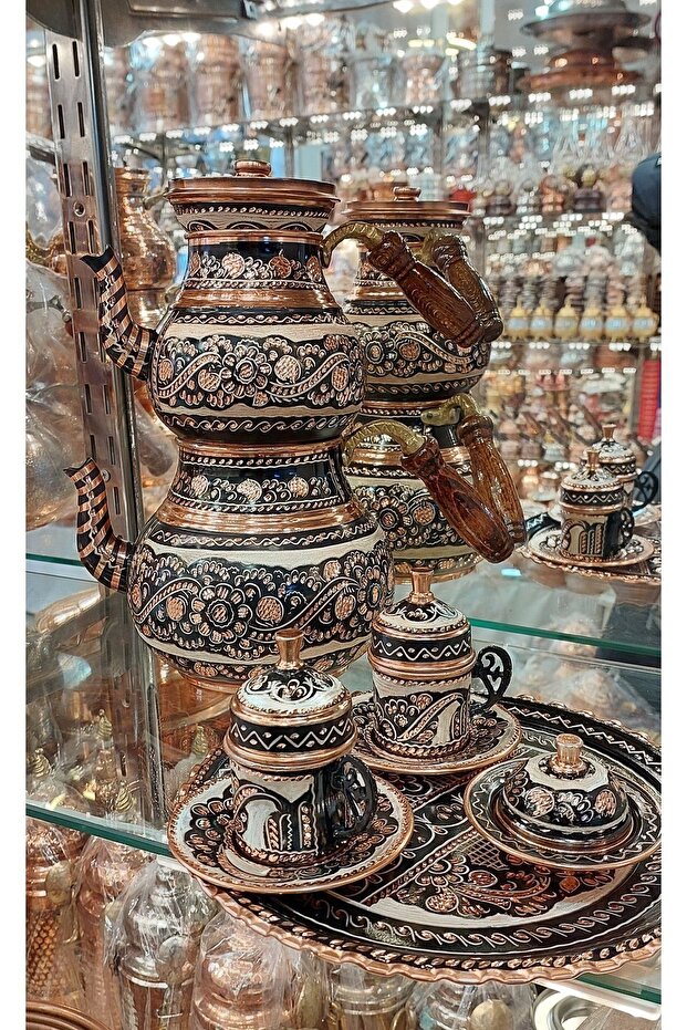 Çeyiz Seti 2'li Set Bakır Fincan Takımı 2 Kişilik & Bakır Çaydanlık Türk Kahvesi Bakır Kahve Takımı - 1