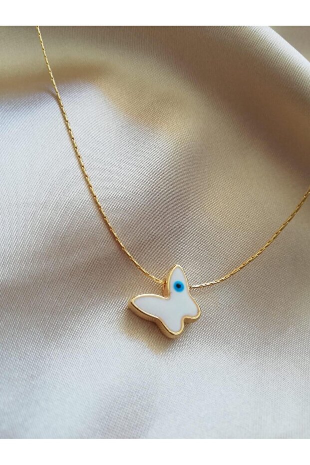 White Enameled Evil Eye Beaded Butterfly Necklace