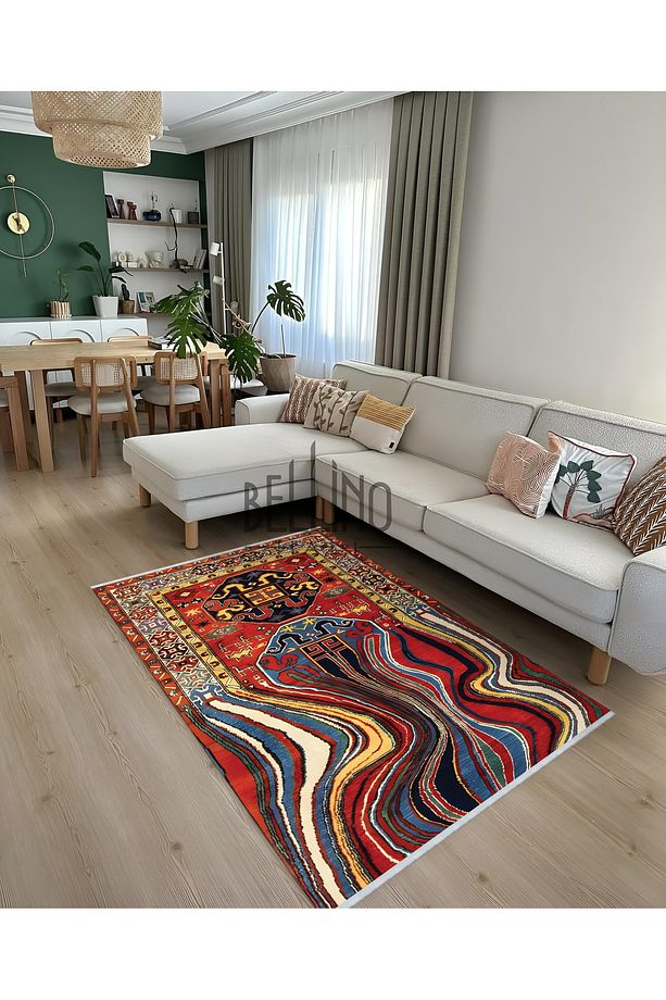 Yıkanabilir Kaymaz Taban Halı Pamuk Kilim Dalgalı Fırça Desenli Salon,Mutfak Halısı ve Yolluk - 2