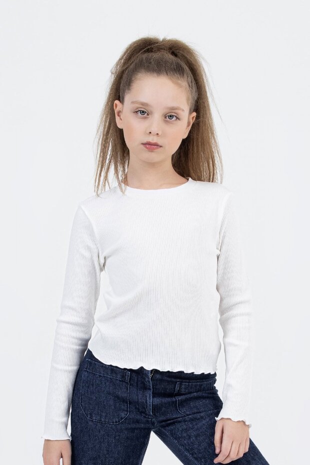 Long Sleeve Ribbed Hem and Cuff Wavy Stretch Cotton Girls' Bodysuit