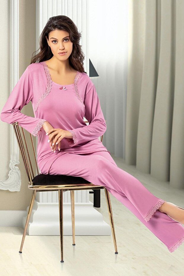 8608 Women's Long Sleeve Lace Detailed Pajama Set-Dried Rose