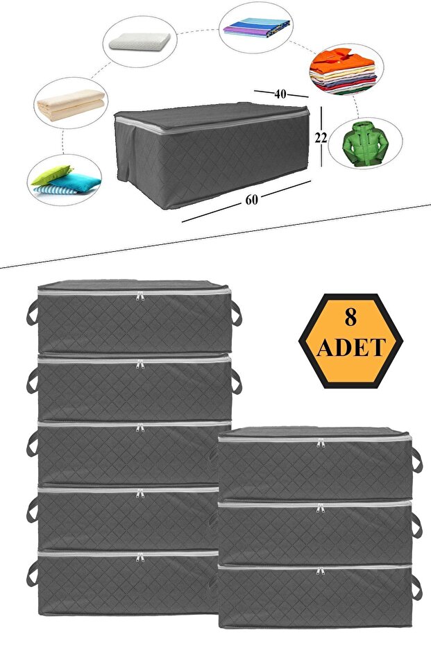 NUTEX 8 Adet -kapitoneli Büyük Boy Baza Altı Ve Çekyat Tipi Hurç 60x40x22 (GRİ)