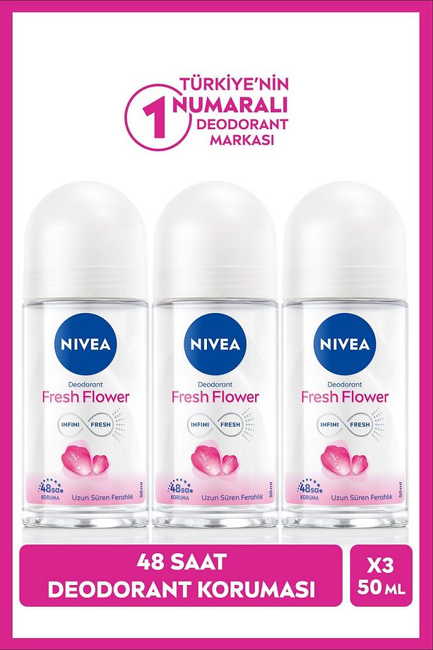 Kadın Roll-on Deodorant Fresh Flower 50ml, Ter Kokusuna Karşı 48 Saat Koruma, Çiçeksi Koku, X3 Adet - 1