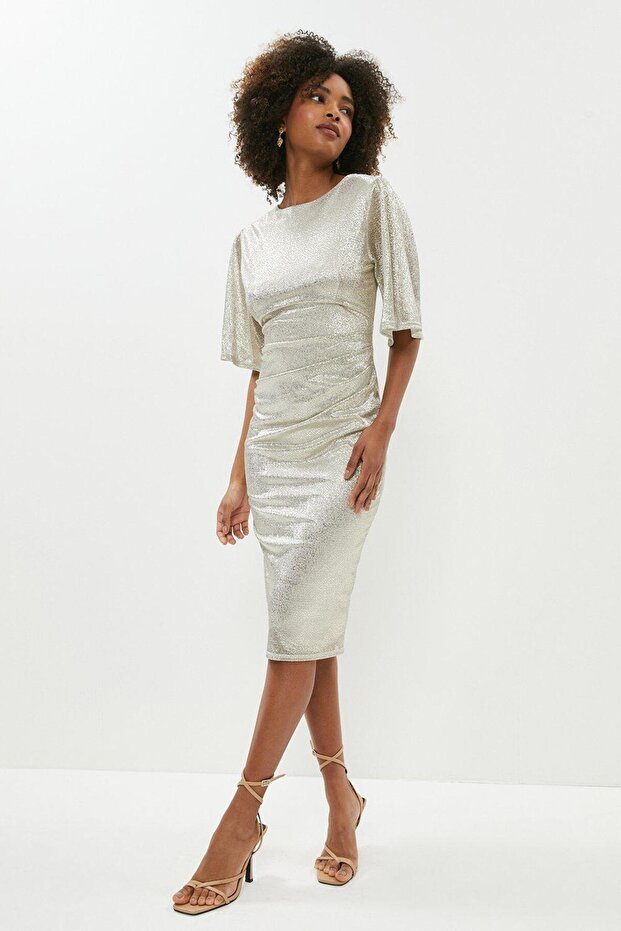 Metallic Angel Sleeve Ruffle Waist Dress