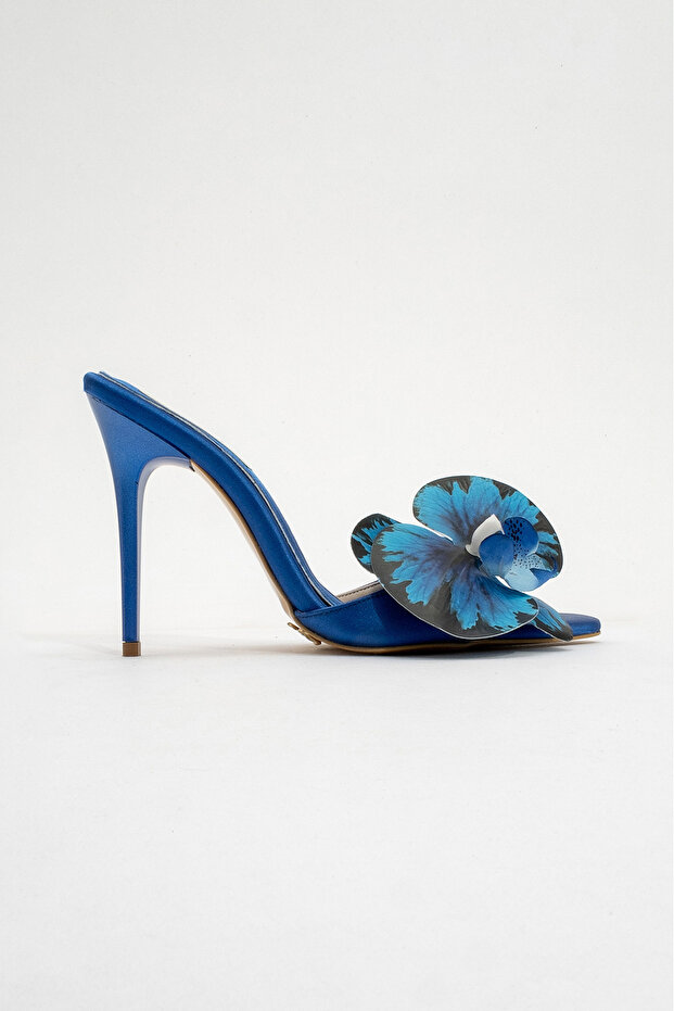 Lily Flower Detailed Cobalt Blue Satin 10 cm Women's Slippers, Heeled Slippers