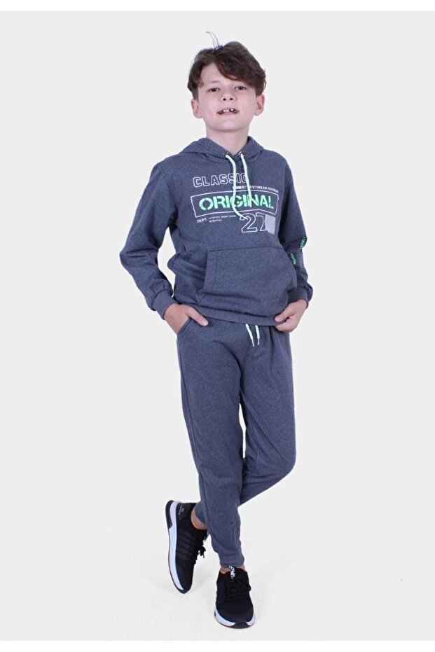 Original 27 Printed Boys' Kangaroo Pocket Hooded Smoked Tracksuit Set