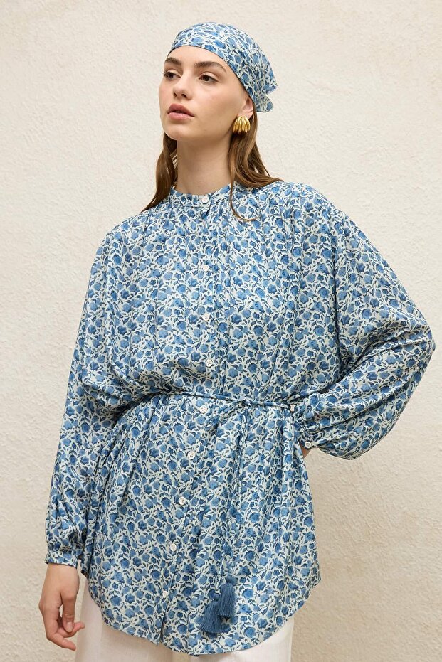 Rose Blue Viscose Patterned Tunic - 1