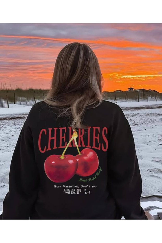 Oversize Comfortable Fit Winter Thick Red Cherries Printed Women's Sweatshirt