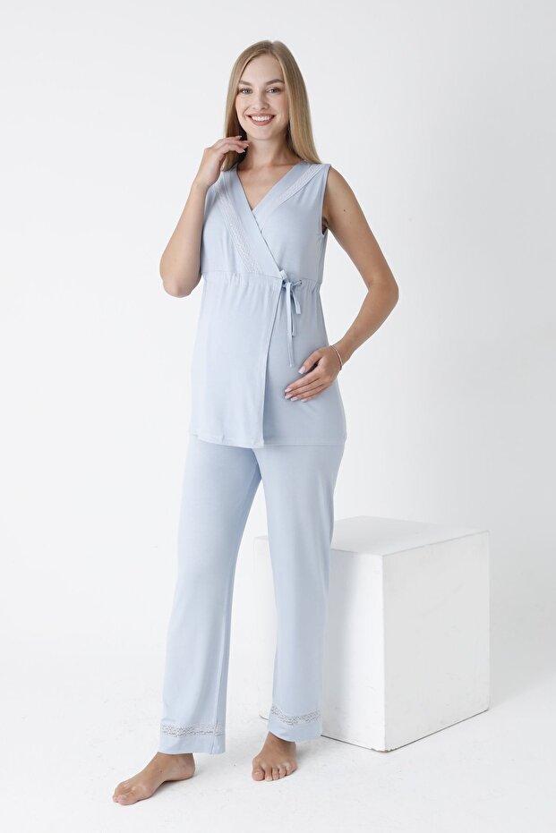 Lace Detailed Sleeveless Pajama Set for Pregnant and Maternity - Front Tie