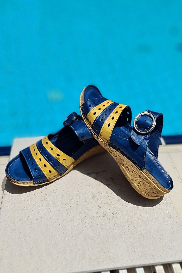 Navy Blue Yellow Genuine Leather Slippers