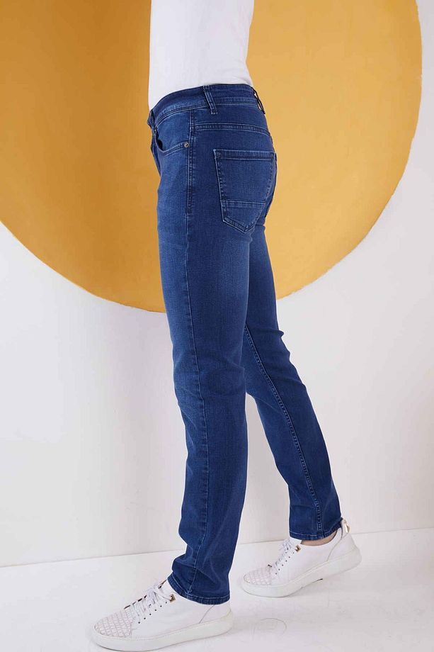 Erkek Mavi Düz Regular Fit Likralı Düz Paça Kot Pantolon - 3