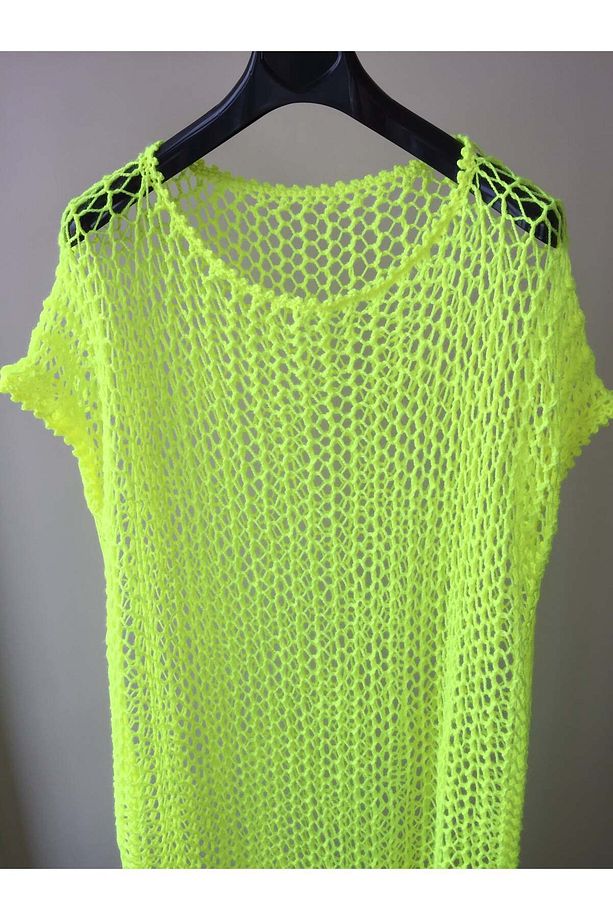 Mora Knit El Örgüsü Neon Sarı Mayo Bikini Üstü Yırtmaçlı Maxi  Özel Örgü Plaj Elbisesi - 4