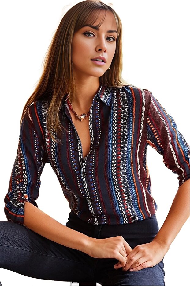 Women's Navy Blue Claret Red Striped Viscose Shirt