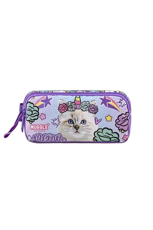Pretty Cat Cat Patterned 2 Compartment Pencil Bag