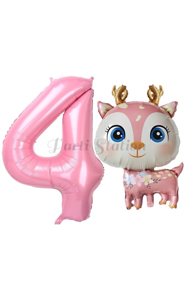 Cute Deer 4 Years Old Balloon Set, Deer Balloon, Woodland Theme Deer Balloon and Pink Number Balloon