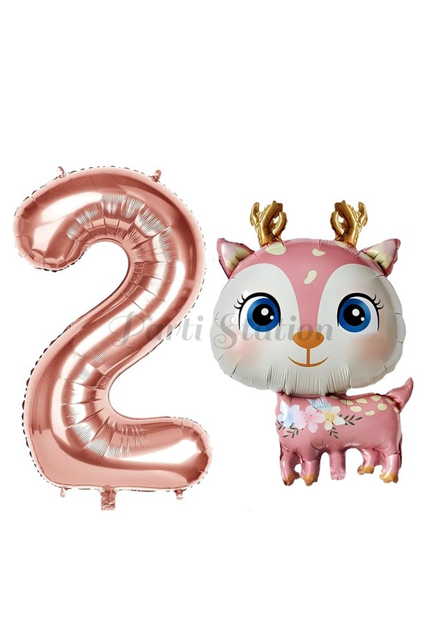 Cute Deer 2nd Birthday Balloon Set, Deer Balloon, Woodland Theme Deer Balloon and Rosegold Colored Number Balloon