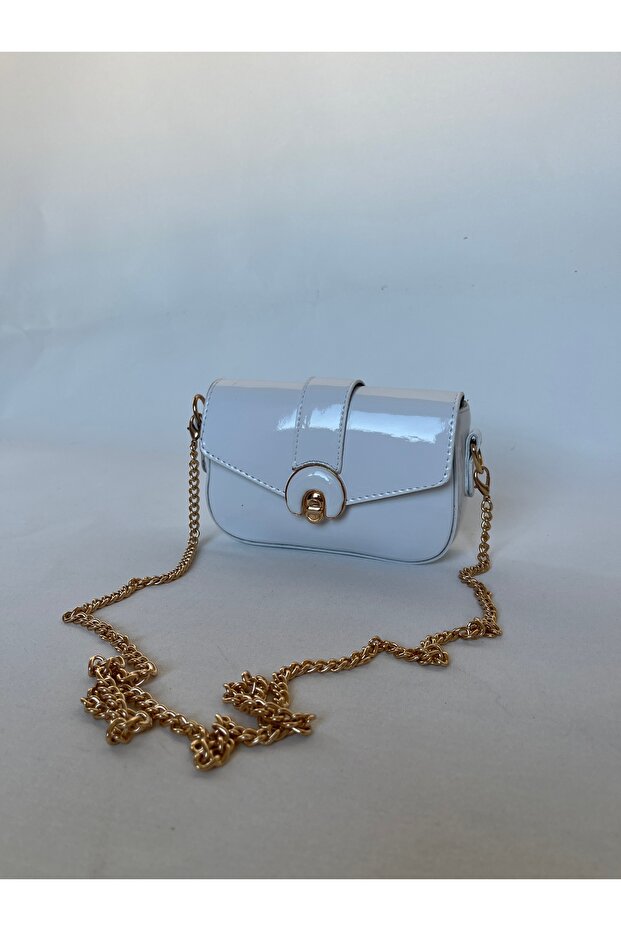 White Patent Leather Mini Women's Crisscross Straps Bag with Gold Chain Accessory Detail - Stylish Bag