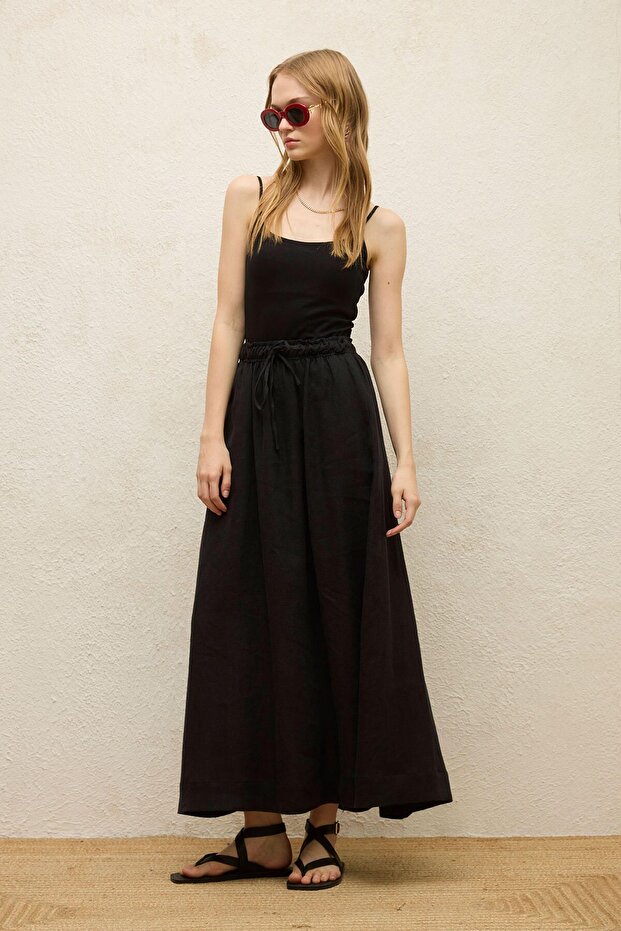 Czarna lniana spódnica - luźny krój - 6