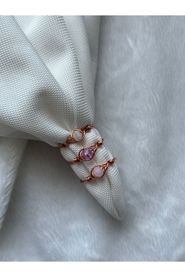 Triple Crystal Minimal Copper Wire Ring Set (Pink Purple White)