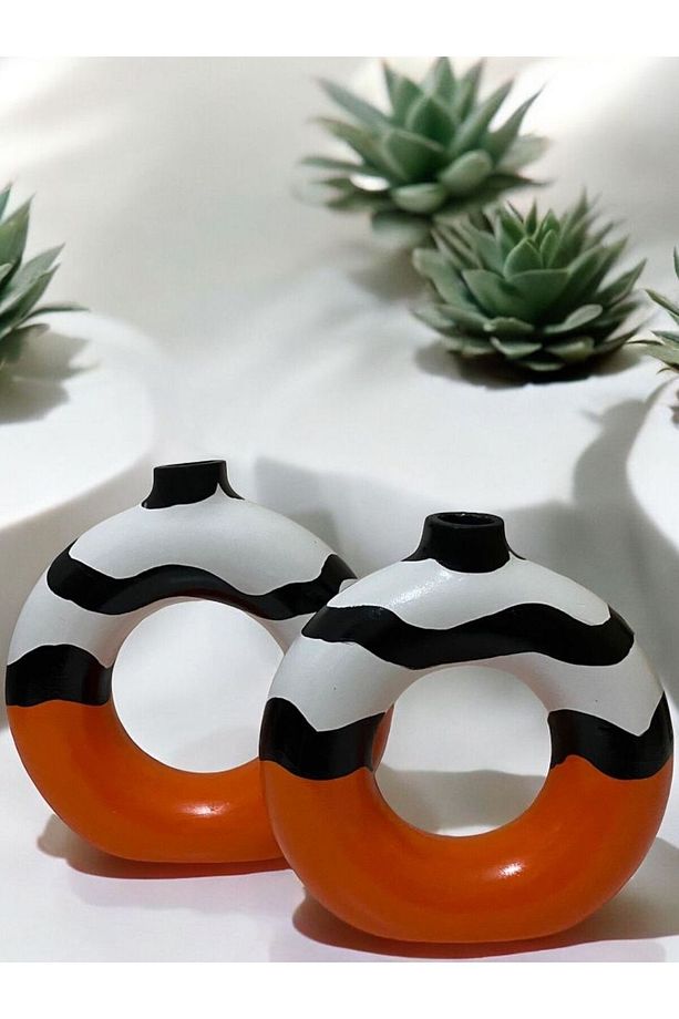 El Yapımı Zebra Desenli Turuncu Dekoratif Modern  2'li Halka Bohem Vazo - 2