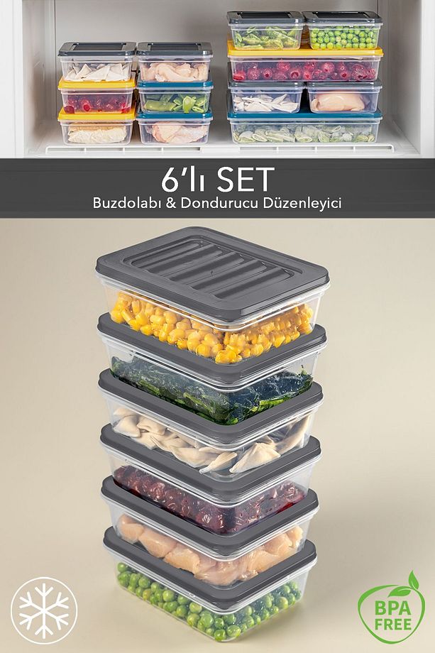 6'lı Buzdolabı Organizer Mikrodalga Ve Difrize Uygun Saklama Kabı Antrasit 6 X 600 ml - 1