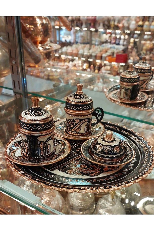 Bakır Fincan Takımı 2 Kişilik Fincan Takımı Bakır Osmanlı Desenli Türk Kahvesi Bakır Kahve Takımı - 4