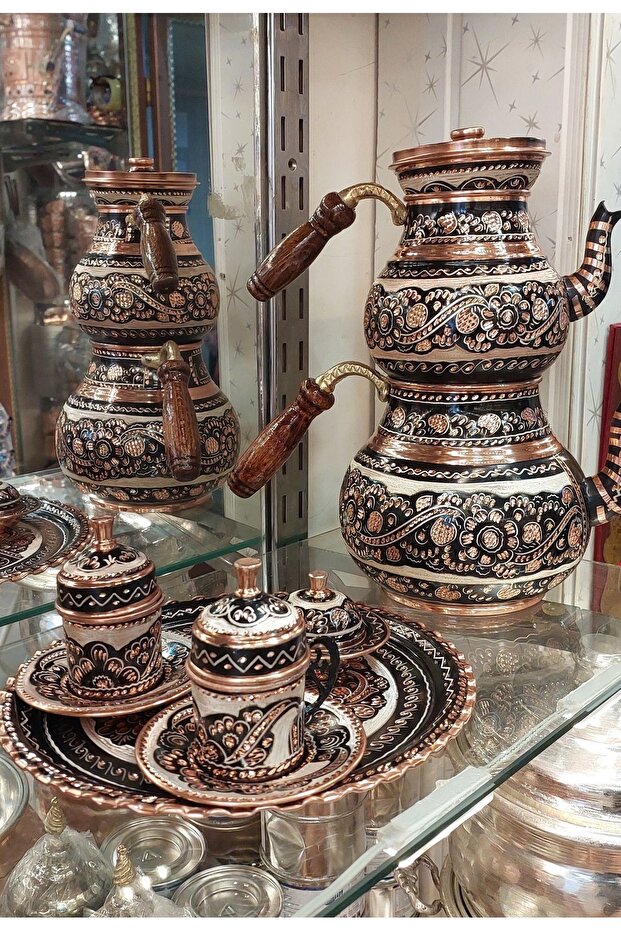 Çeyiz Seti 2'li Set Bakır Fincan Takımı 2 Kişilik & Bakır Çaydanlık Türk Kahvesi Bakır Kahve Takımı - 3