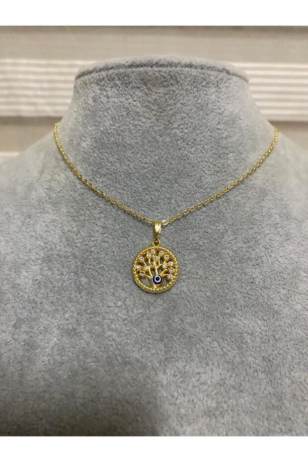 Women's Gold Tree of Life Necklace, with Zircon Stone Evil Eye Detail.