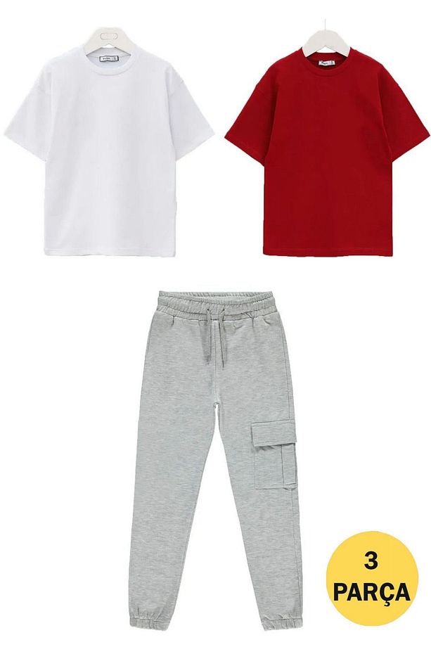 Buseyiz 3 parça kız erkek set 1 adet kargo cep eşofman altı 2 adet basic t-shirt 7-14 yaş - 1