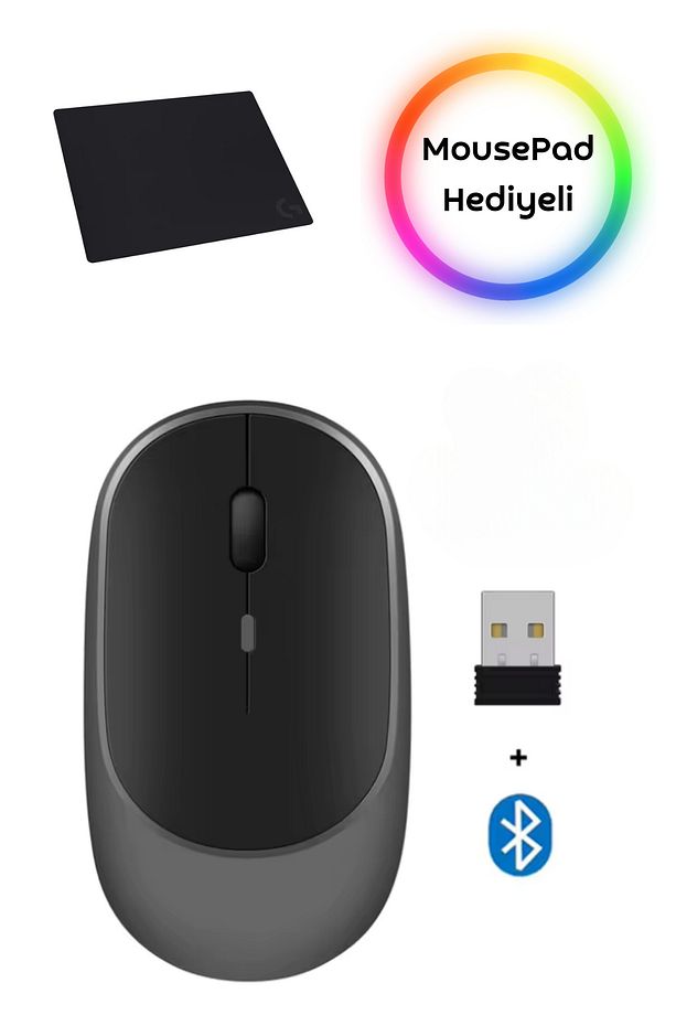 Kablosuz Sessiz Wireless Ve Bluetooth Mouse Ergonomik Sağ-Sol El Kullanımına Uygun Mousepad Hediyeli - 1