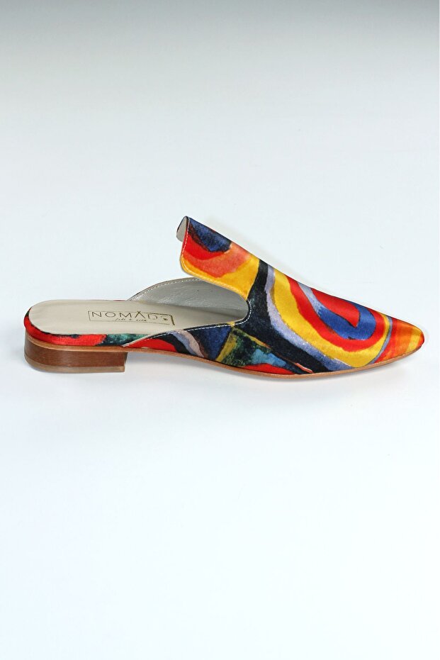 100% Silk-Genuine Leather Women's Slippers| Leather Sole| Kandinsky Squares with Circles