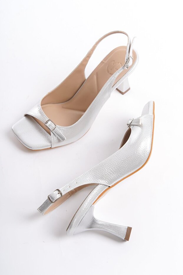 Seashell Silver Open-Back Heeled Sandals with Buckle Women's Shoes