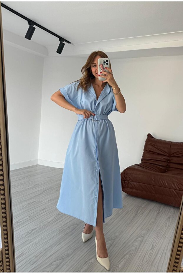Long Poplin Dress with Bat Sleeve Belt Detail