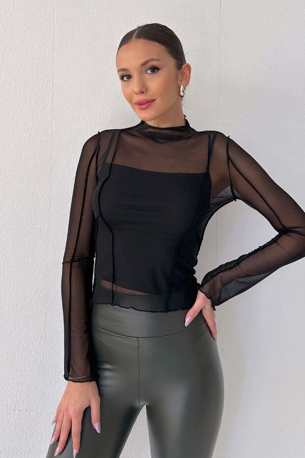 Tulle Detail Women's Blouse - Black