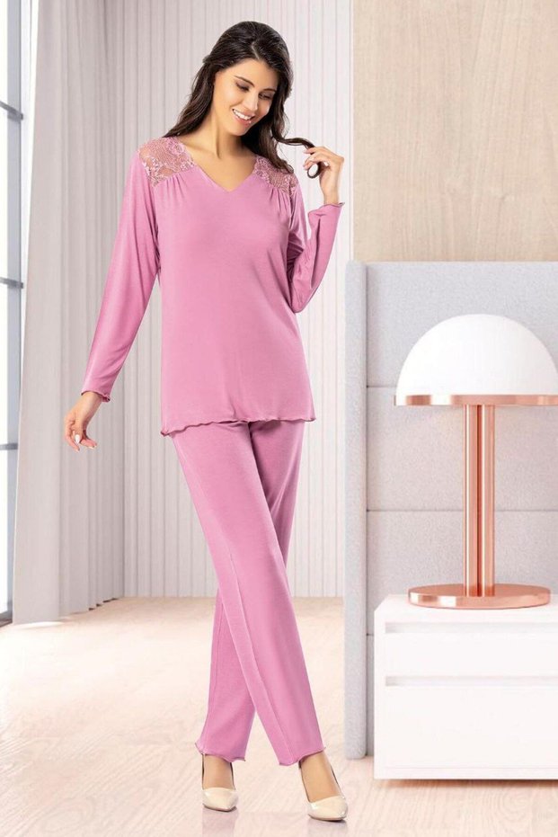 8610 Women's Long Sleeve Lace Detailed Pajama Set-Dried Rose
