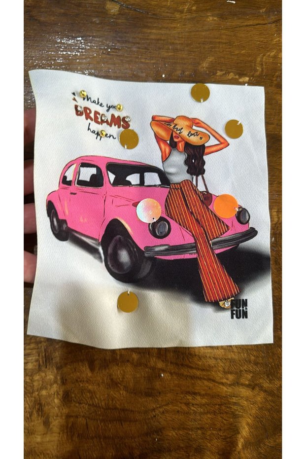Zircon Stone Sequined Girl in Car Emblem Sewing Applique 20x15 cm Pink