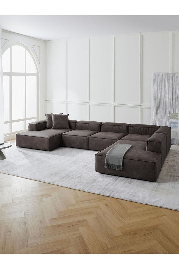 Frida 5 Modül Pofidik Modüler Kanepe Xl Köşe Koltuk Takımı, Nubuk Acı Kahve, Sağ Köşe, 370 Cm - 1