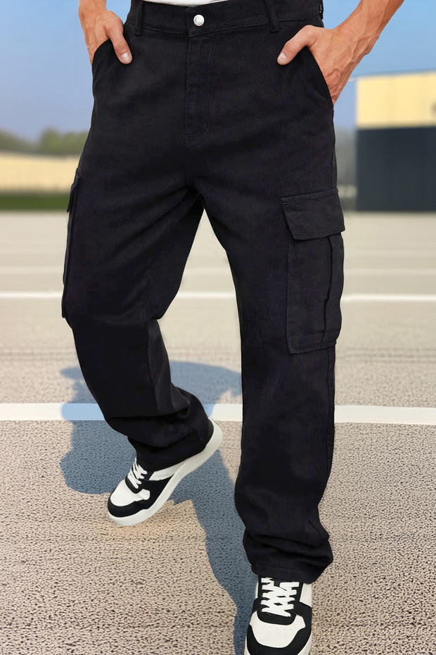 Siyah Kargo Cepli Baggy Kalıp %100 Pamuklu Gabardin Rahat Pantolon TMNSS24PL00021 - 1