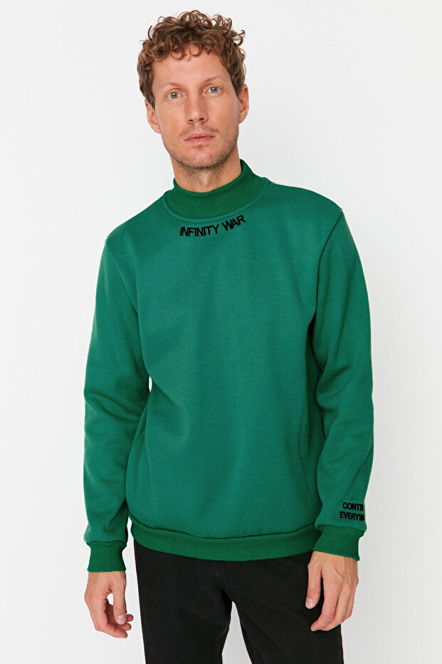 Yeşil Regular/Normal Kesim Balıkçı Yaka İçi Polar/Sıcak Tutan Nakışlı SweatshirtTMNAW22SW0718 - 3