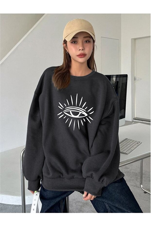Eye Eye Winter Thick Sweatshirt - Black Printed Oversize Ribbed Crew Neck