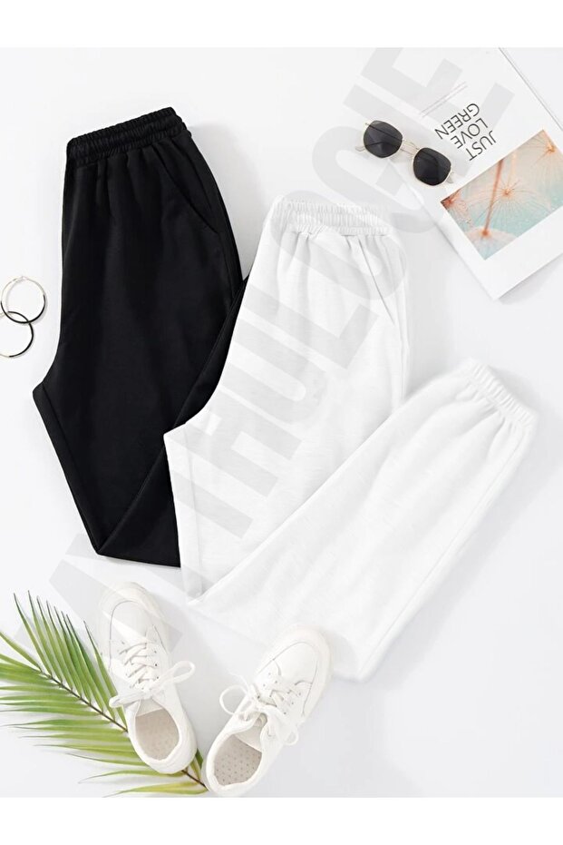 2-li Baskısız Jogger Eşofman Altı - Siyah Ve Beyaz Lastik Paça Yüksek Bel - 1