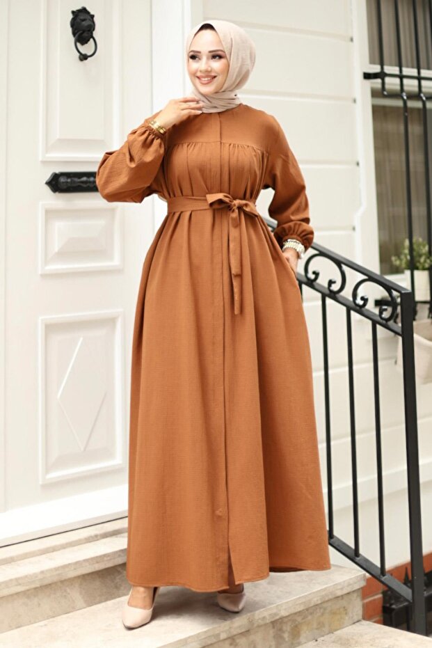Brown abaya with drawstring detail 4421