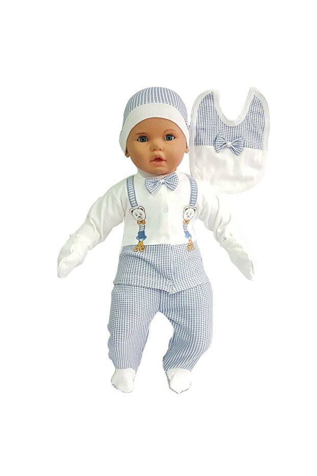 Blue 5-Piece Baby Boy Hospital Discharge Set with Teddy Bear Strap and Bow Tie