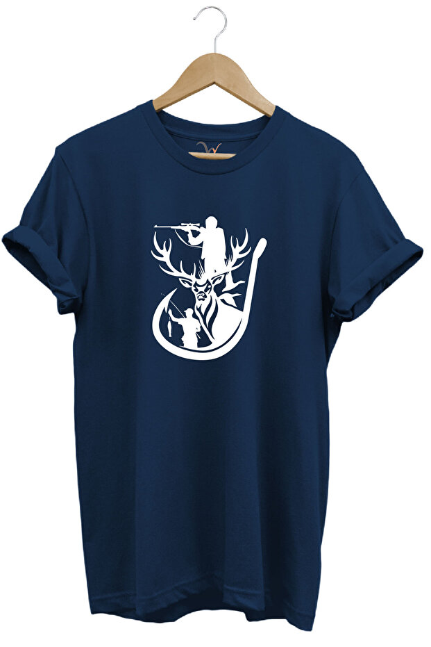 Hunting Deer Fish Engagement Printed Hunting Nature Themed Regular Fit 100% Cotton Navy Blue T-Shirt