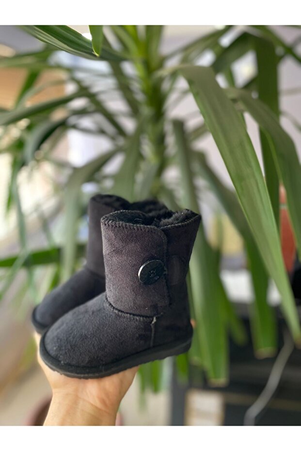 Çocuk tek düğme siyah   ortaboy Süet Bot Içi Kürklü Kışlık Taban Bot & Bootie - 5