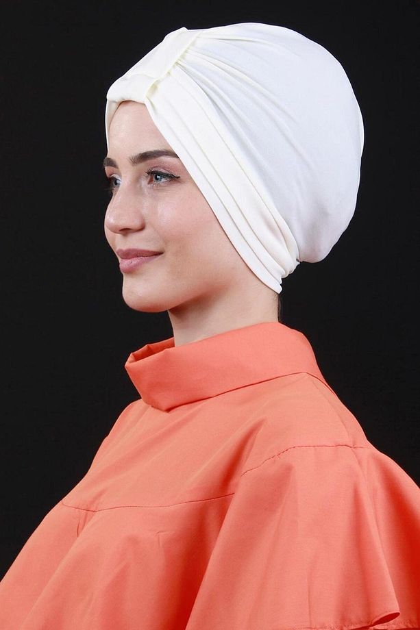 Çapraz 3 Bantlı Çift Taraflı Dış Bone Hazır Türban Ekru - 4