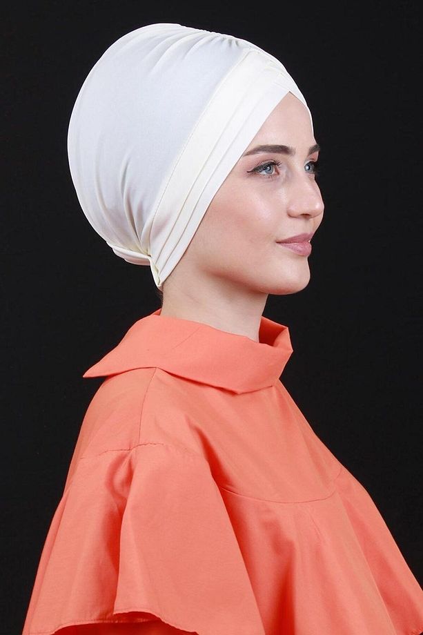 Çapraz 3 Bantlı Çift Taraflı Dış Bone Hazır Türban Ekru - 3