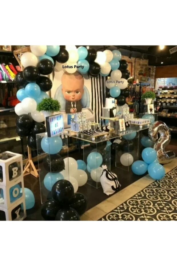 50 Pieces - Boss Baby Themed - Pastel Black - White and Blue Balloon Chain Set