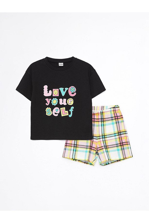 LCW Kids Bisiklet Yaka Baskılı Kısa Kollu Kız Çocuk Şortlu Pijama Takımı - 1