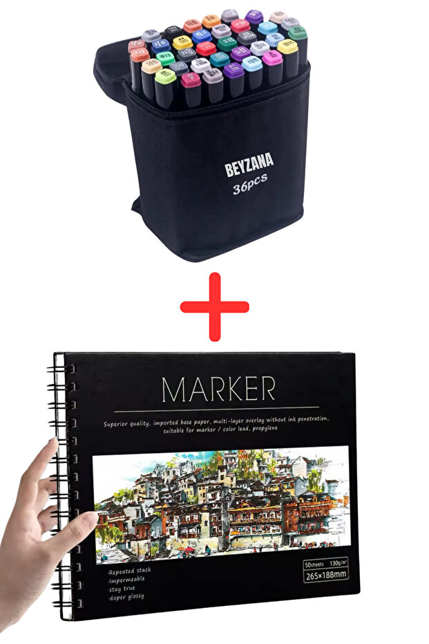BEYZANA 2’li Set 36 Bez Çantalı Keçeli Kalem Seti + Marker Kalem Boyama Defteri 16K